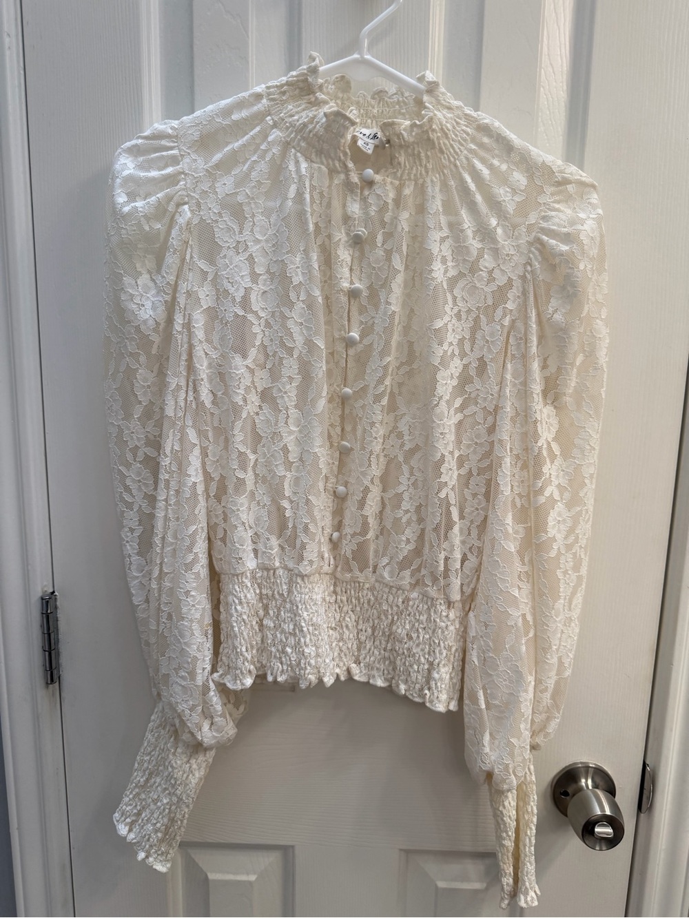 For Love & Lemons Cream Lace Smocked-Hem Button Blouse